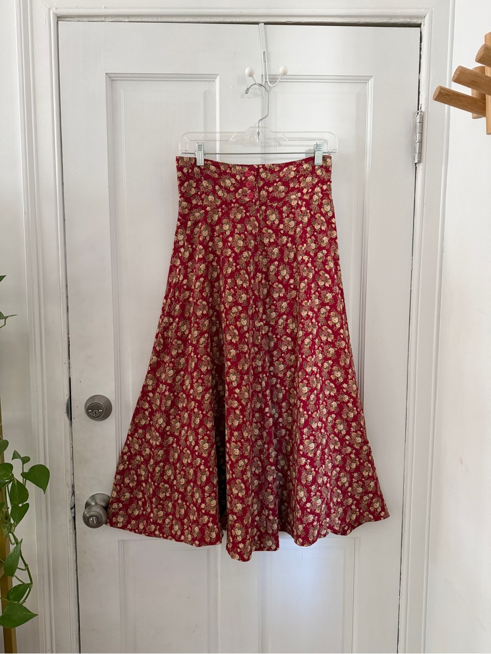 Vintage Red Floral A-Line Midi Skirt